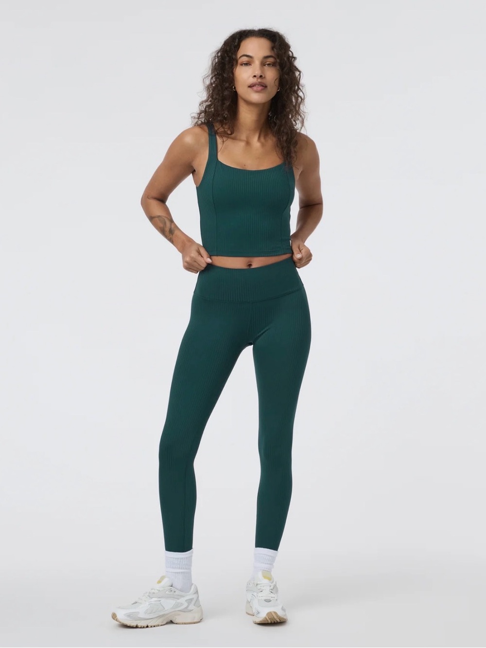 Vuori Ribbed High-Waist Leggings in Teal Green